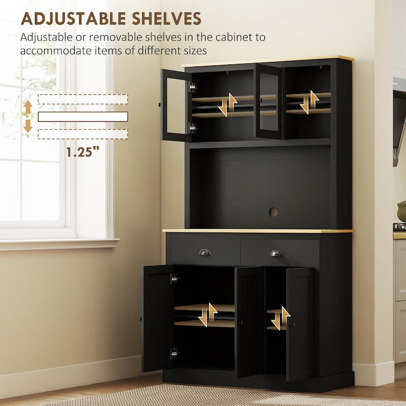 HOMCOM Kitchen Pantry Storage Cabinet with Microwave Stand, 71" Modern Kitchen Hutch with Glass Doors, Storage Drawers