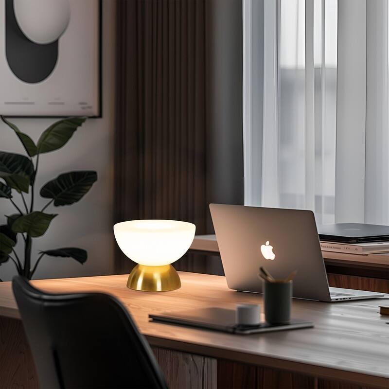 Brightech Lamina LED Vintage Antiqued Brass Gold Midcentury Round Dome Dimmable Bedside Nightstand Desk Lamp