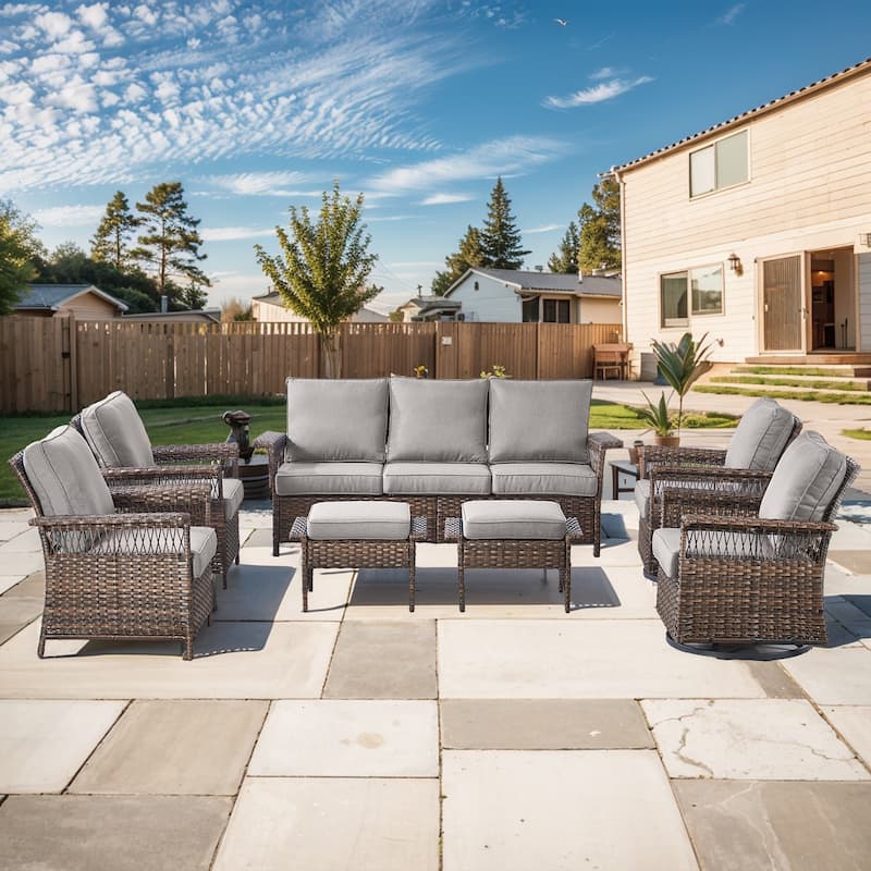 7 Piece Patio Sofa Swivel Chairs and Ottomans - Brown - Grey