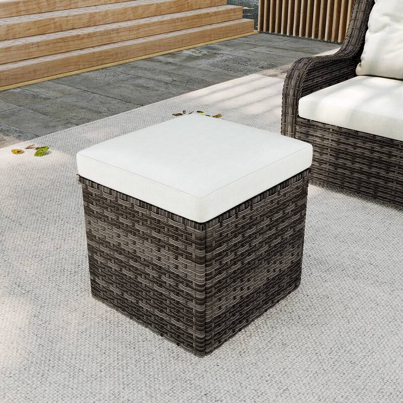 Outdoor Patio PE Wicker Ottoman with Cushion - Beige/Brown rattan