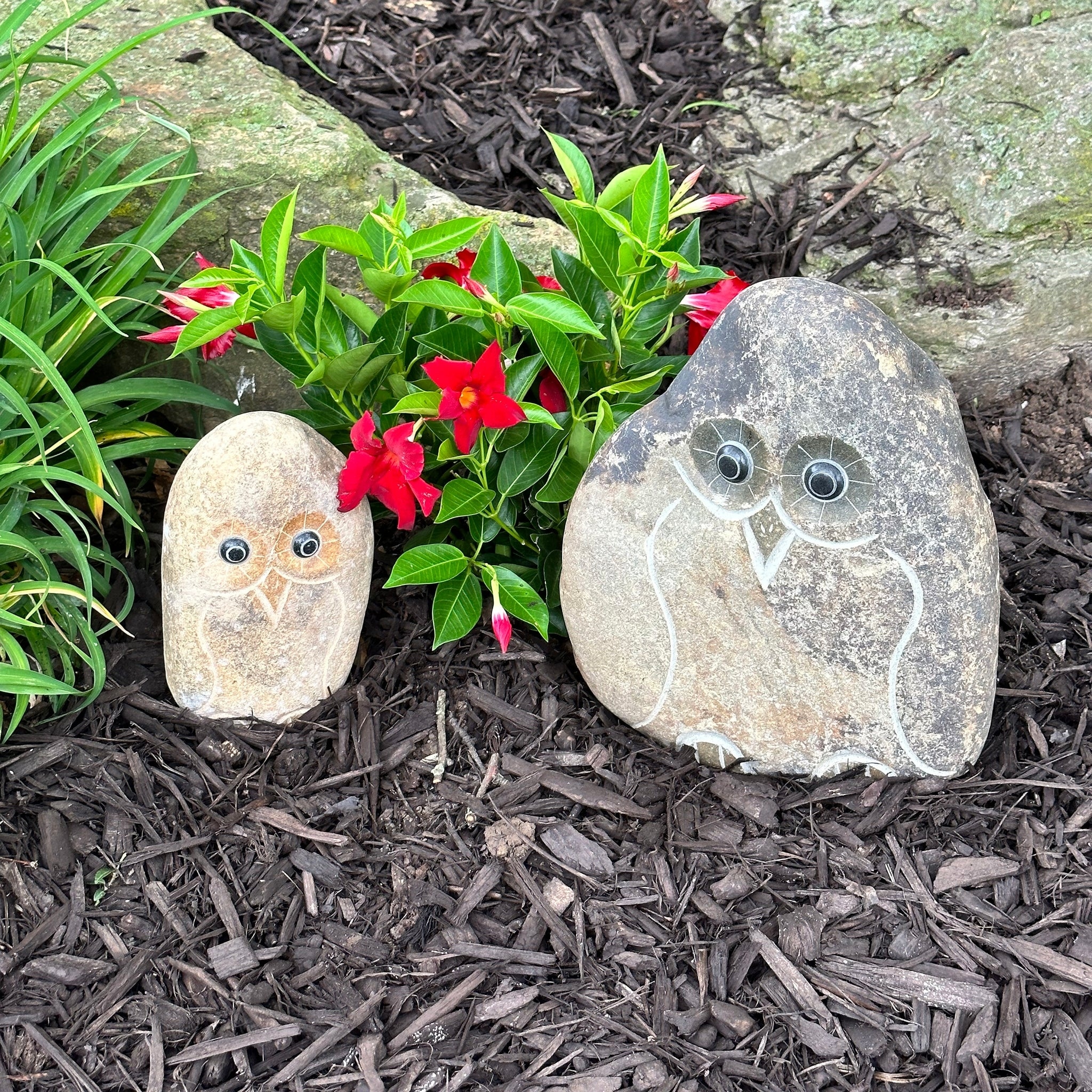 Natural Granite Boulder Animal Statues - 2 Piece Mom & Dad Set - Angry Bird, Cat, Dog, Owl, Hedgehog or Turtle - 8"&12"H