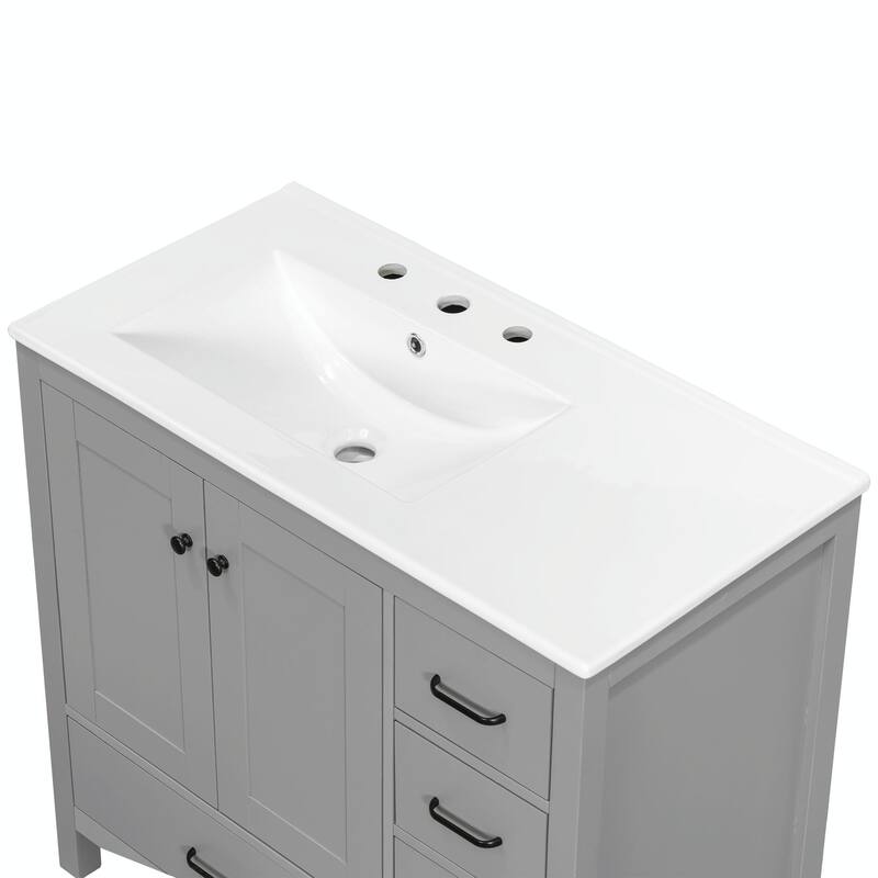 36" White Bathroom Vanity with Ceramic Sink Combo, Ample Storage Cabinet - 2 Soft-Close Doors and 5 Drawers