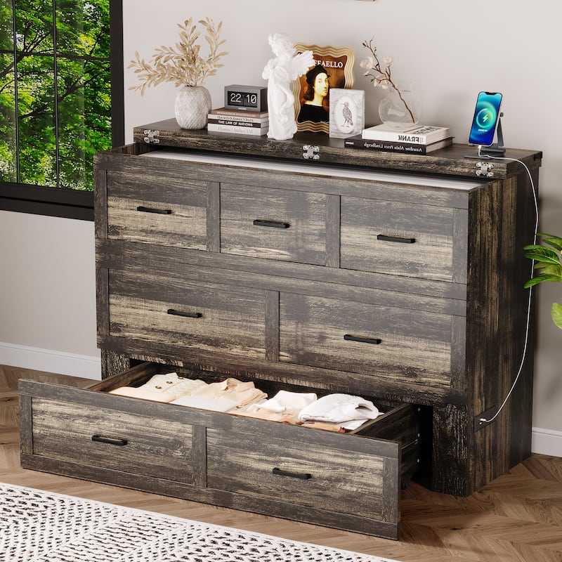 Queen Size Murphy Bed Cabinet with Charging Station, Space-Saving Wall Bed