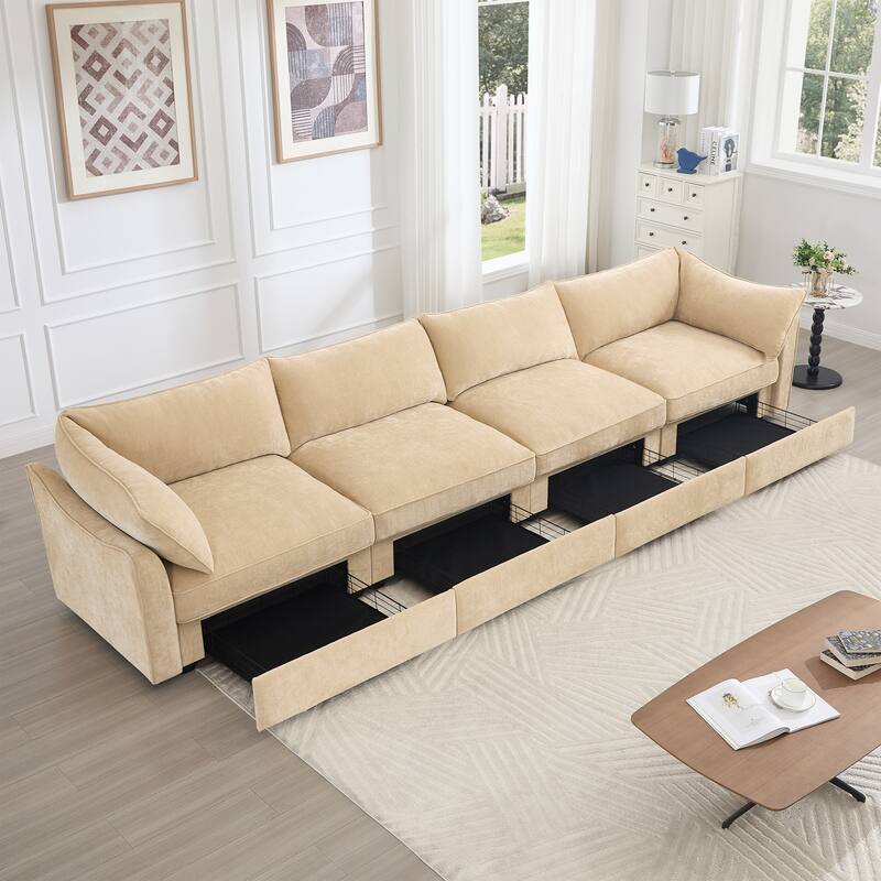 Super Large Wide & Deep Seat 4-Seater Sofa Couch with Storage Pull Out Drawer Under Each Seat