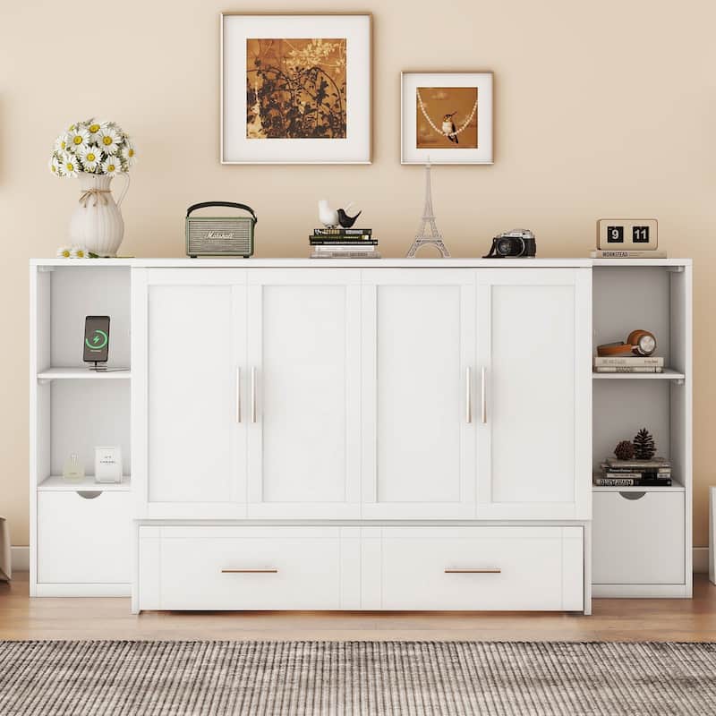 Full Size Modern Style Murphy Bed with Shelves, Drawers and USB Ports for Bedroom