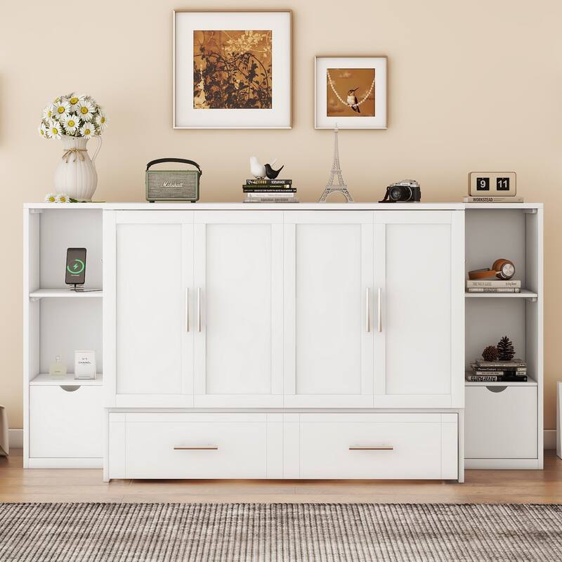 Full Size Murphy Bed with Shelves, Drawers, and LED Lighting