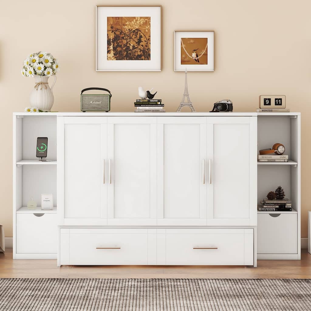 Murphy Bed Full Cabinet Murphy Bed w/ Shelves, 2 Drawers, USB Ports
