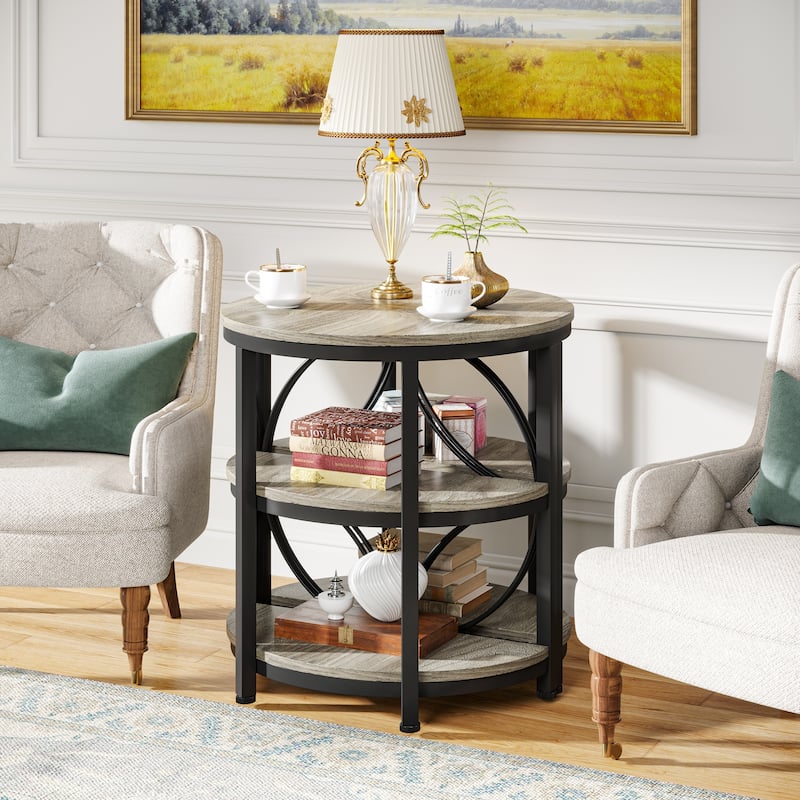3-Tier Half Round End Table with Storage Shelves & Metal Frame