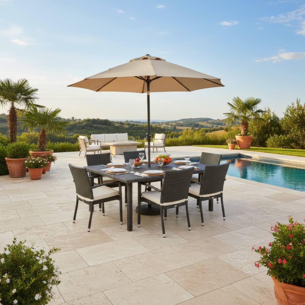 Nona Outdoor Dining Table, 64 Inch Square, Dark Gray Rattan Wood and Iron