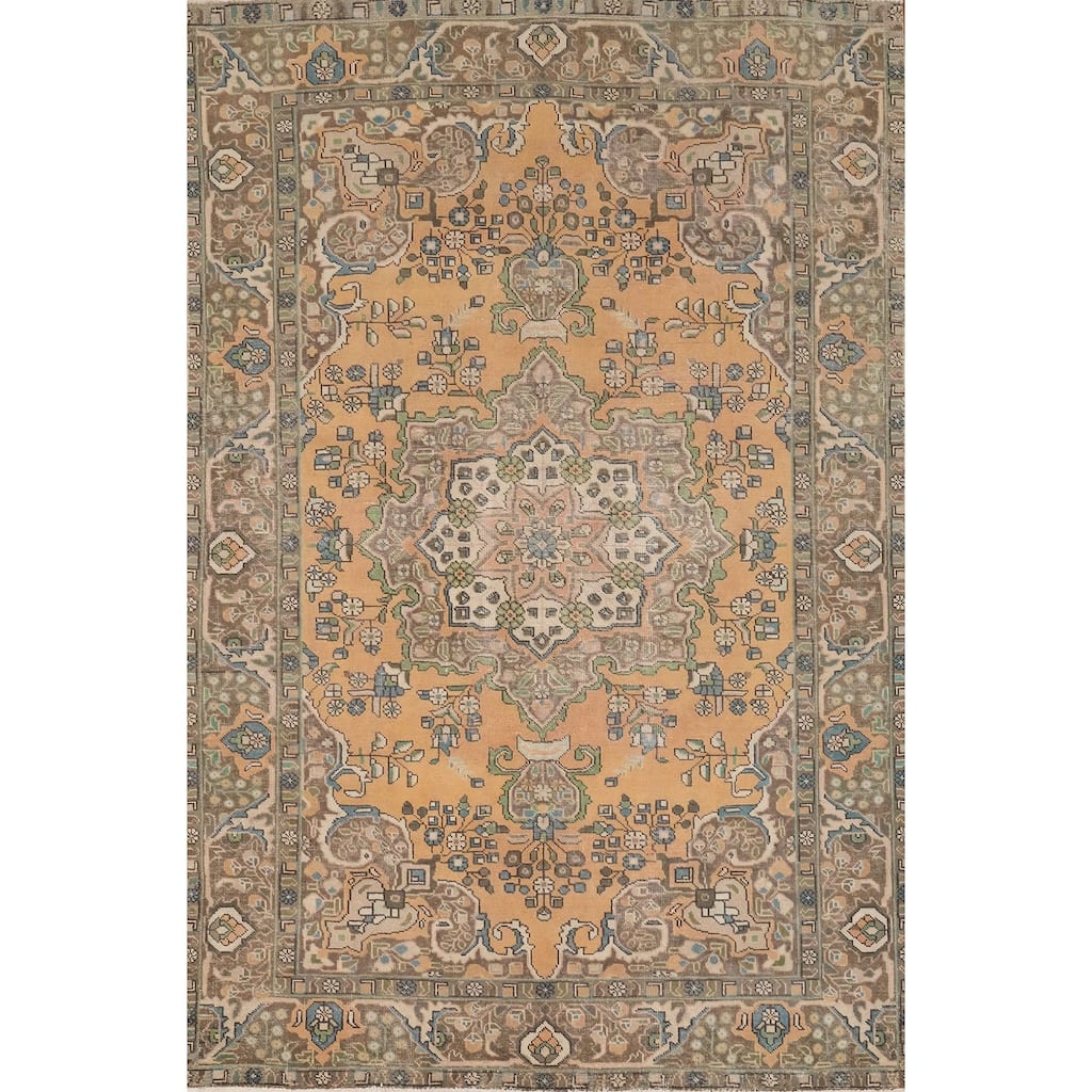 Hand Knotted Oriental 100% Wool Carpet Traditional Floral Oranges & Rust Tabriz Area Rug - 9' 1'' X 6' 3''