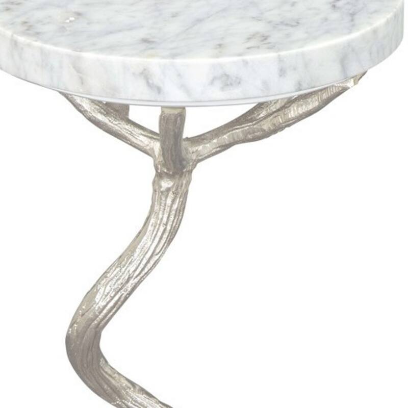 22" Modern Round Silver and White Marble Top Side End Table with Tree Stump Base for Living Room - 12”L x 12”W x 22”H