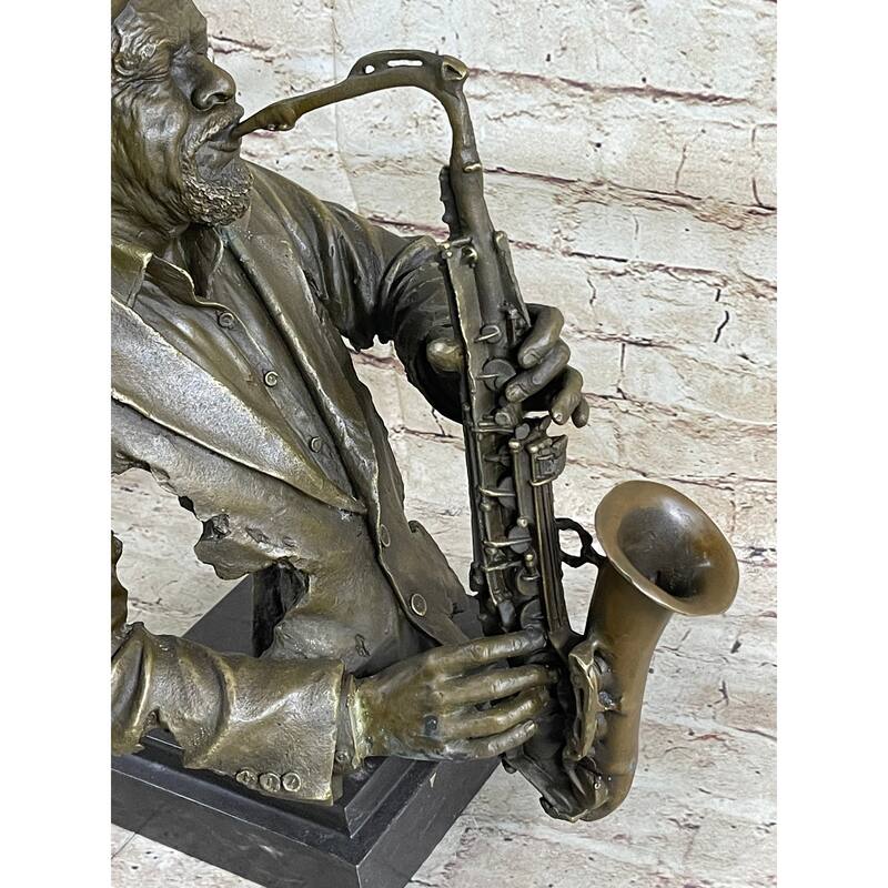 Bronze Sculpture Statue Of African American Black Jazz Saxophone Musician, Signed