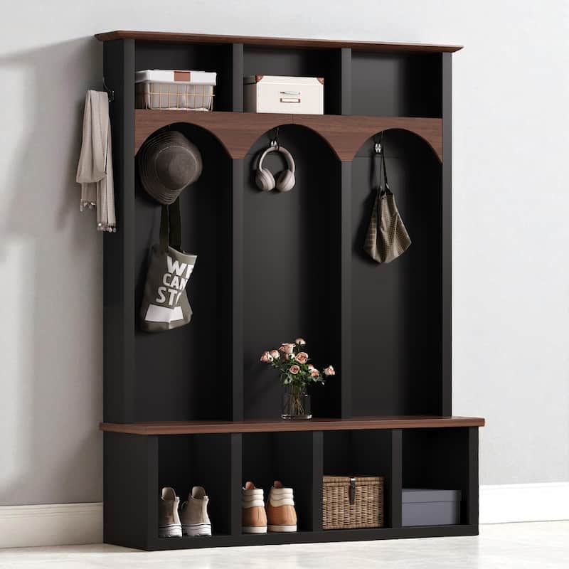 Farmhouse Wooden Hall Tree with Arched Design, Entryway Storage Bench with 5 Hooks and 7 Shoe Cubbies for Mudroom - Black