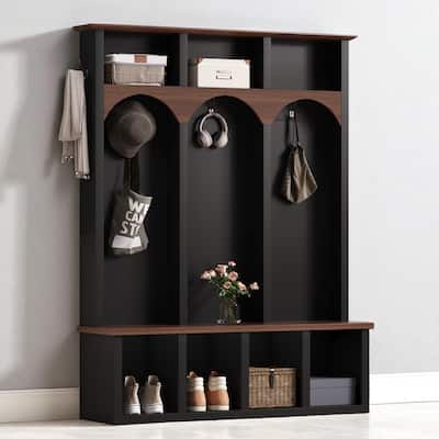 Farmhouse Wooden Hall Tree with Arched Design, Entryway Storage Bench with 5 Hooks and 7 Shoe Cubbies for Mudroom