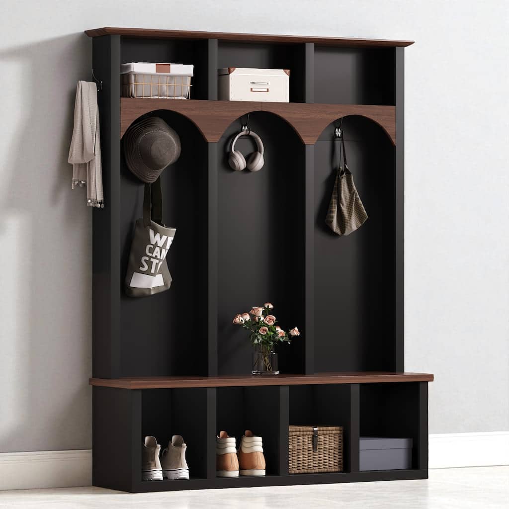 Farmhouse Wooden Hall Tree with Arched Design, Entryway Storage Bench with 5 Hooks and 7 Shoe Cubbies for Mudroom