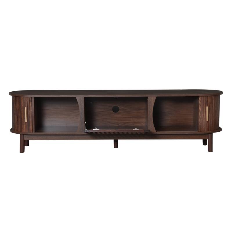 Farmhouse Curved TV Stand Entertainment Center for 75" TVs, Sliding Doors Television Cabinet Dark Brown TV Console Table