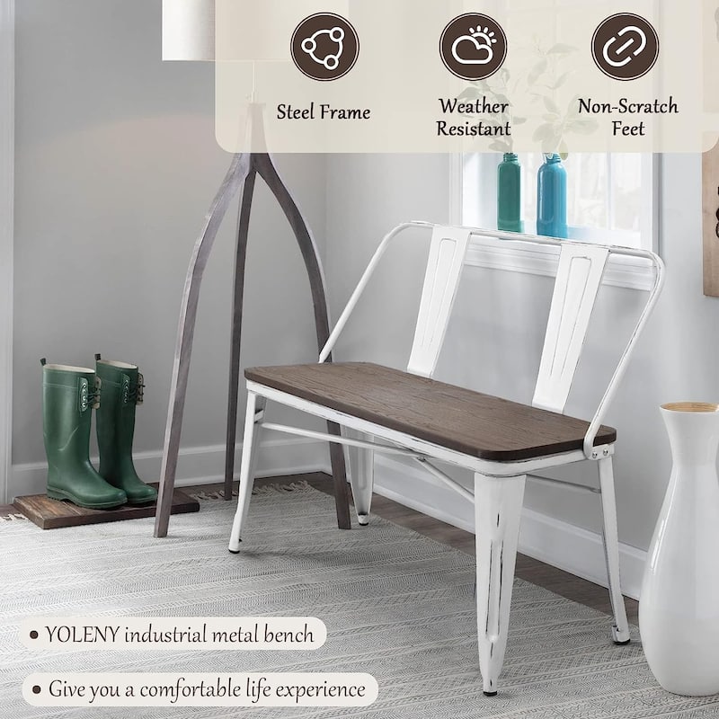 EROMMY 42in Metal Bench Industrial Mid-Century 3 Person Chair with Wood Seat, Dining Bench with Floor Protector - 42"