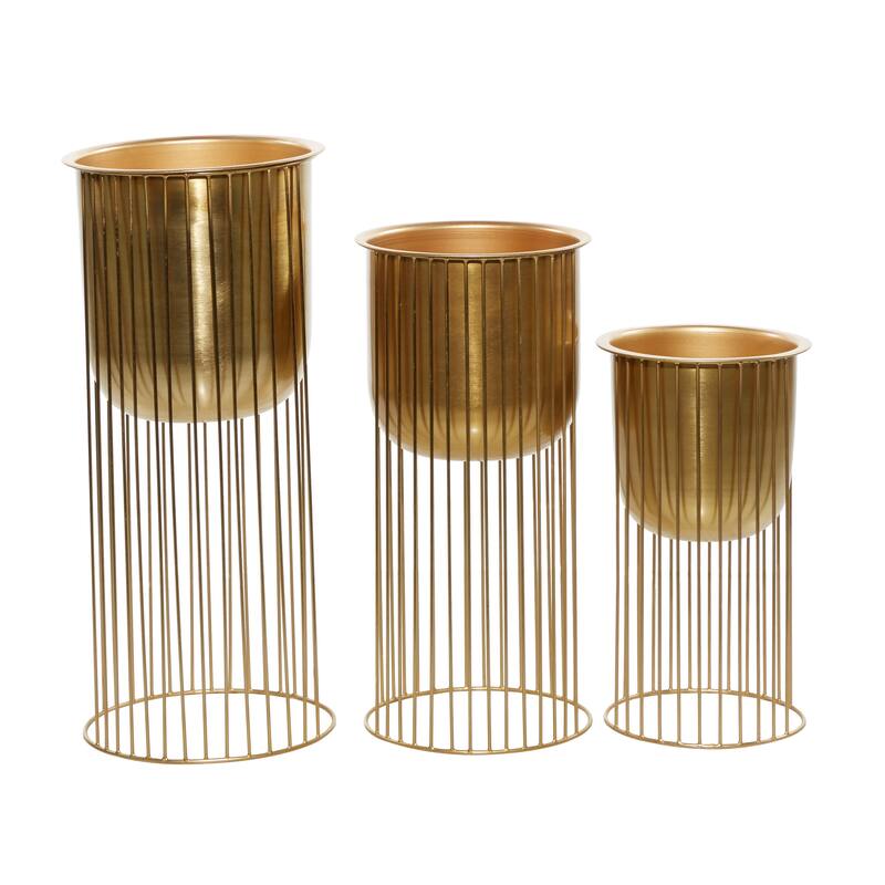 Gold Metal Deep Recessed Dome Indoor Outdoor Planter with Elevated Caged Stand (Set of 3)