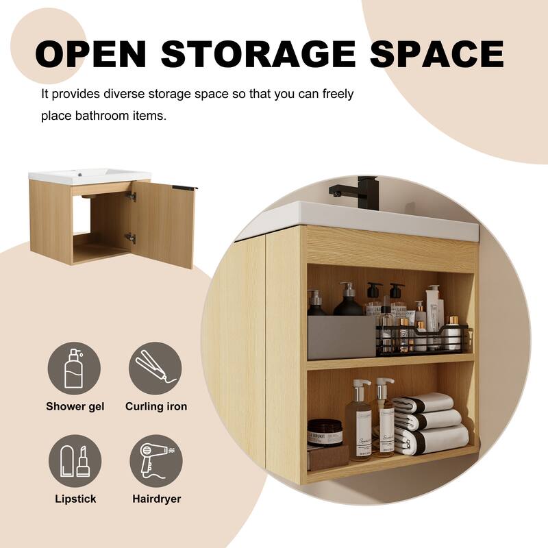 BNK 24"/48" Single Sink Bathroom Vanity with Soft Close Door and Shelf, Modern Floating Vanity