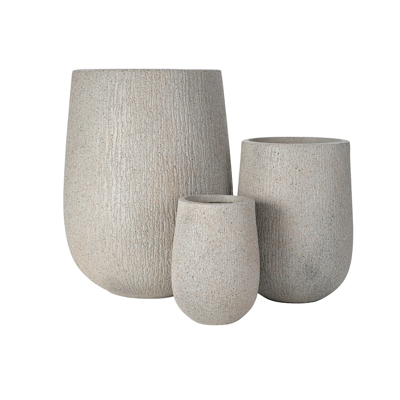 Egg-Shaped Lightweight MGO Outdoor Planter Set of 3,Modern Stone-Look Textured Flower Pots with Drainage Holes and Rubber Plug