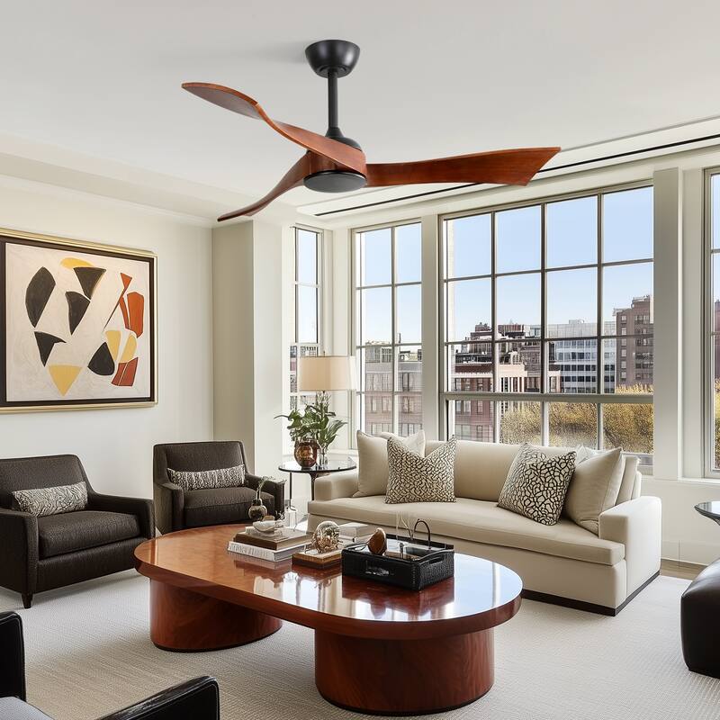 52" Wood 3-Blade Ceiling Fan without Light, 6-Speed Reversible DC Motor and Remote