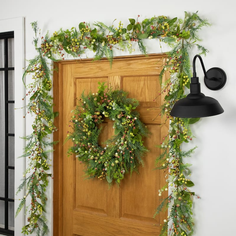 Berry and Crabapple Fern Foliage Spring Wreath - 22"