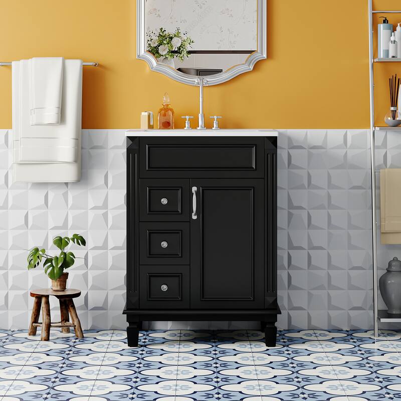 24" Bathroom Vanity with Ceramic Sink - Modern 2-Drawer Storage Cabinet, Adjustable Shelf, Space-Saving Design