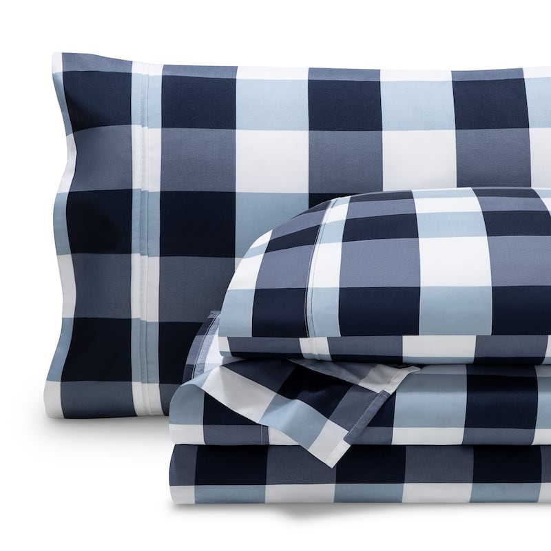 Bare Home Double Brushed Deep Pocket Printed Sheet Set - Split Head Flex King - Gingham Blue