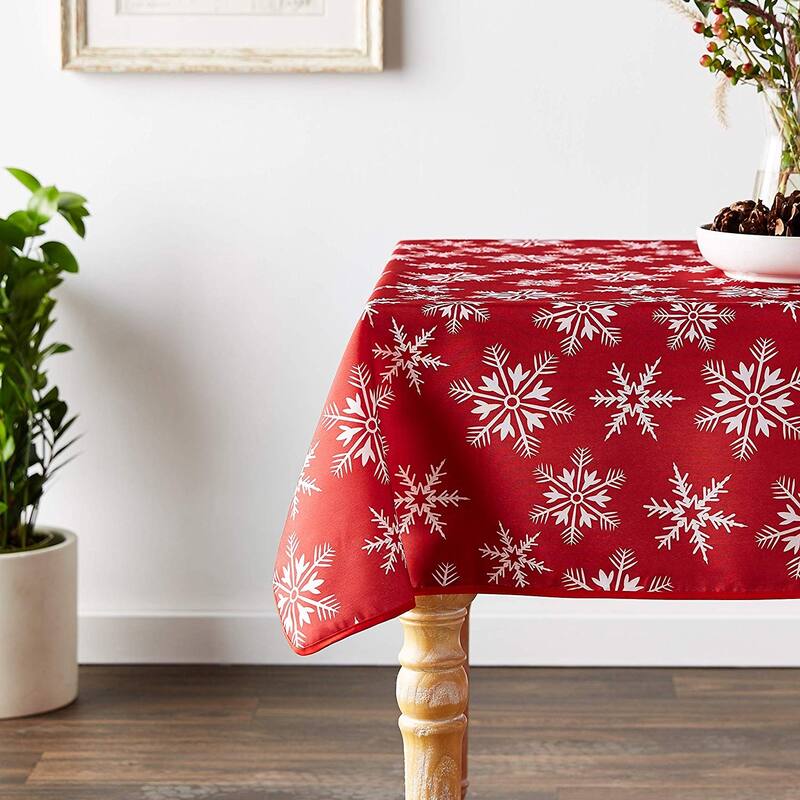 Violet Linen European Seasonal Christmas Holiday Snowflakes Pattern Red Tablecloth - 52" X 70"