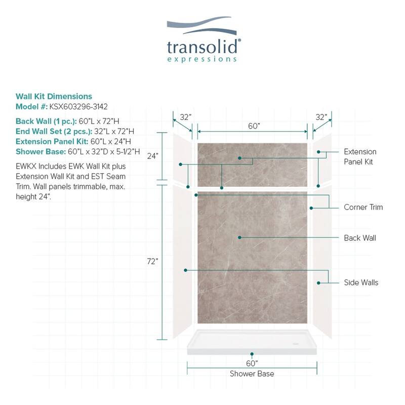 Transolid Expressions 60-in X 32-in X 96-in Glue to Wall Shower Kit - 32" x 60" x 96" - 32" x 60" x 96"