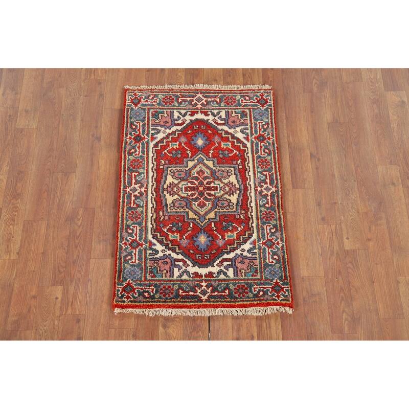 Geometric Heriz Serapi Indian Accent Rug Handmade Red Wool Carpet - 2'0" x 3'0"