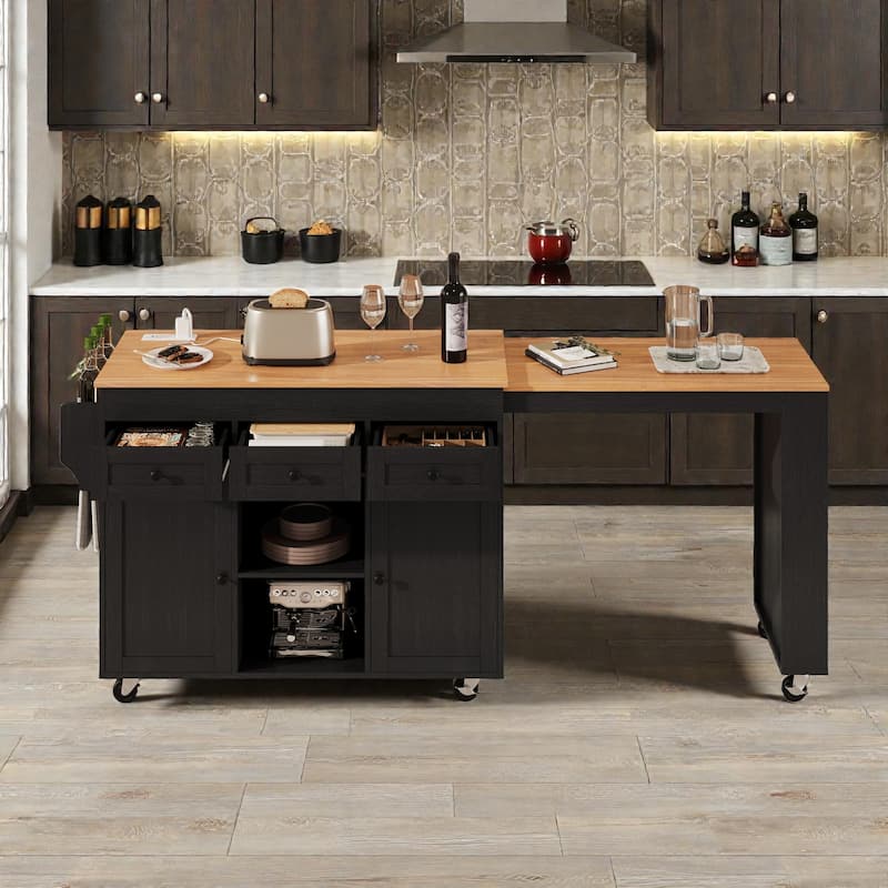 85.5" Extendable Kitchen Island with Dining Table, Rolling Storage Island with Power Outlet, Shelves, Drawers and Cabinets