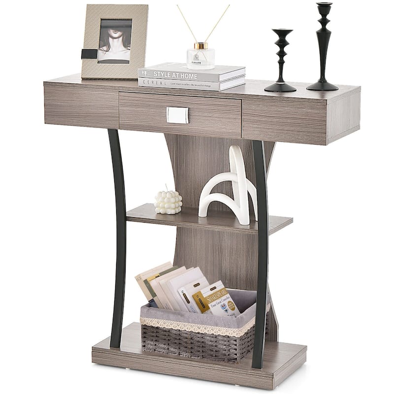 Gymax Console Sofa Table w/ Drawer and 2-Tier Shelves for Entryway - Grey