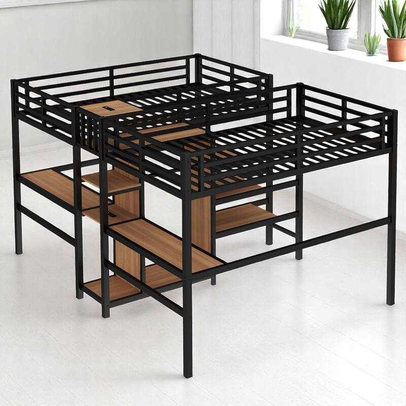 Twin Over Twin Metal Loft Bed with Dual Desks, Wardrobe, Charging Ports & Storage Shelves, Space-Saving Design for Kids & Teens