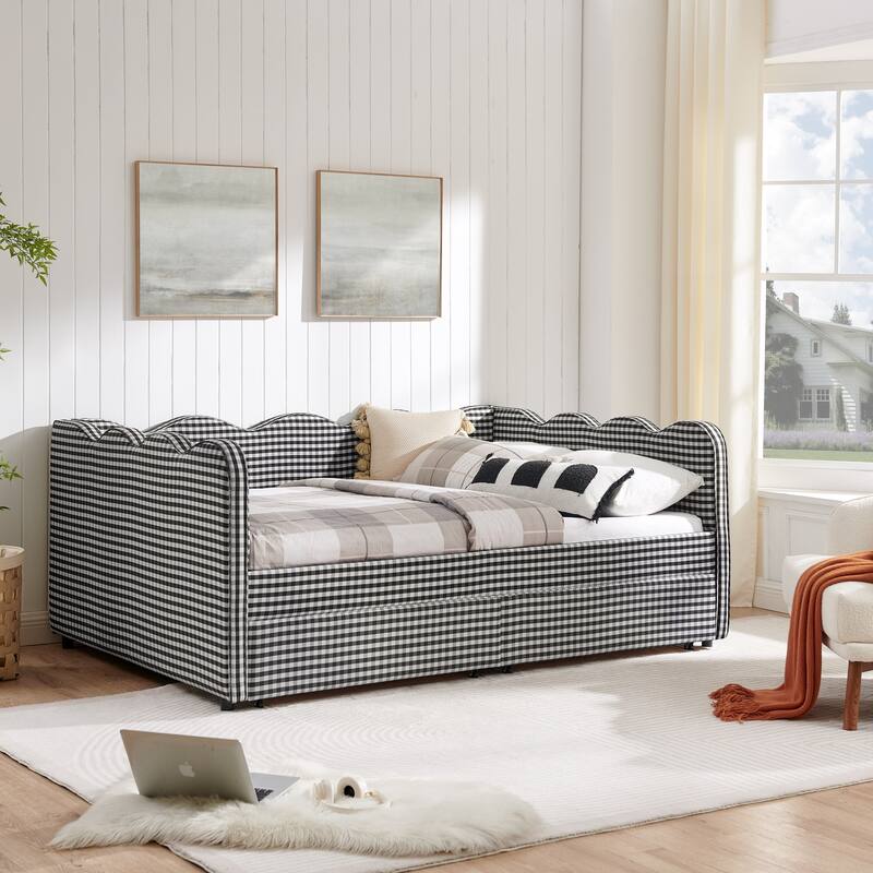 Full Size Upholstery Daybed with 2 Storage Drawers and USB Port, Linen Fabric Sofa Bed with Plaid Pattern and Wavy Silhouette