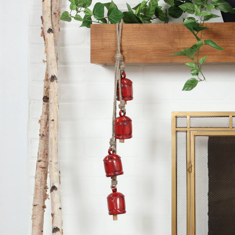 Gold or Red Metal Handmade Tibetan Inspired Decorative Cow Bell with Jute Hanging Rope - Red - 3"W, 28"H