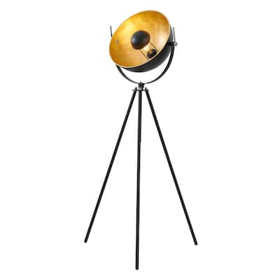 Black Tripod Leg Floor Lamp With a Gold Leaf Interior Shade