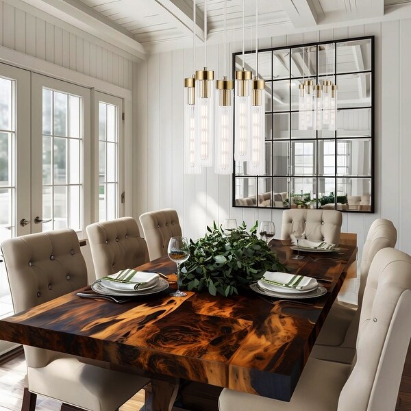 5-Light Cluster Chandelier with Clear Ribbed Glass Shades - On
