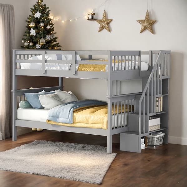 slide 2 of 11, Full Over Full Bunk Bed With Storage and Guard Rail For Bedroom Grey