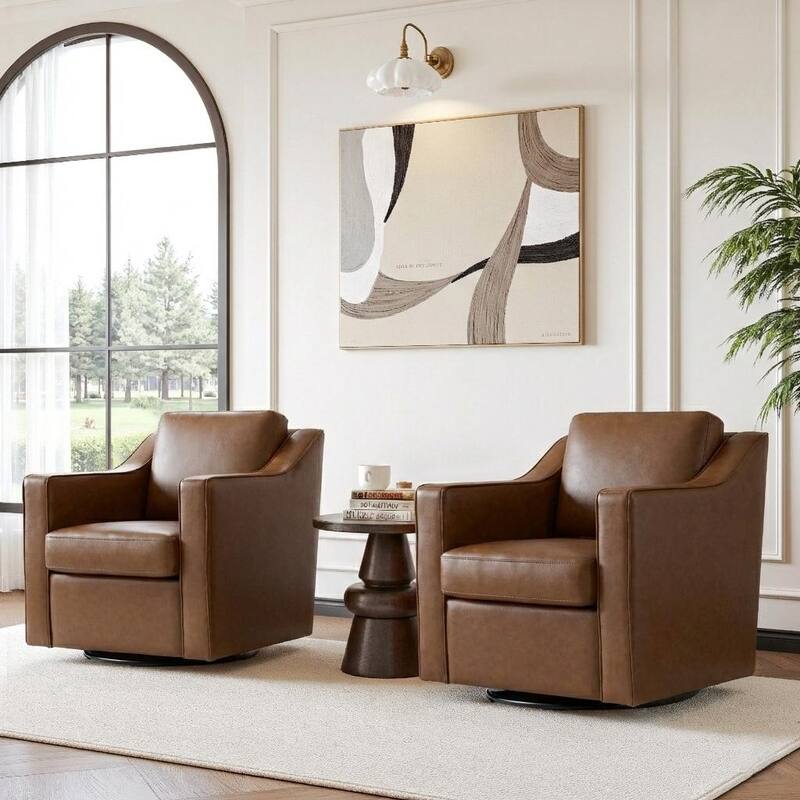 Chenille/Leather Swivel Barrel Chair(Set of 2) Modern Club Chair by UIXE