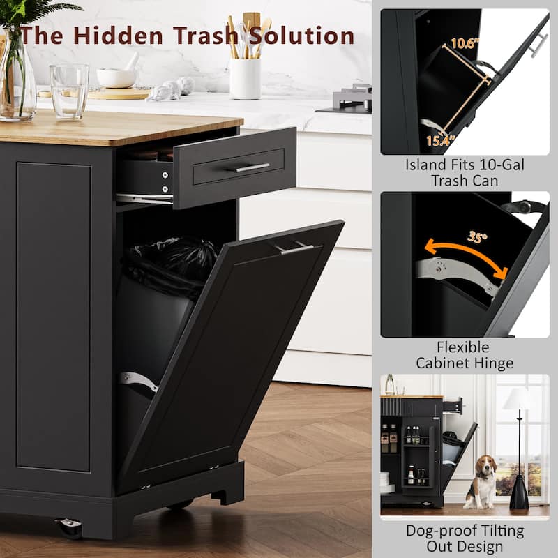 Fluted Kitchen Island with Trash Can Storage Cabinet, Kitchen Cart with Power Outlet Rolling Kitchen Islands on 5 Wheels