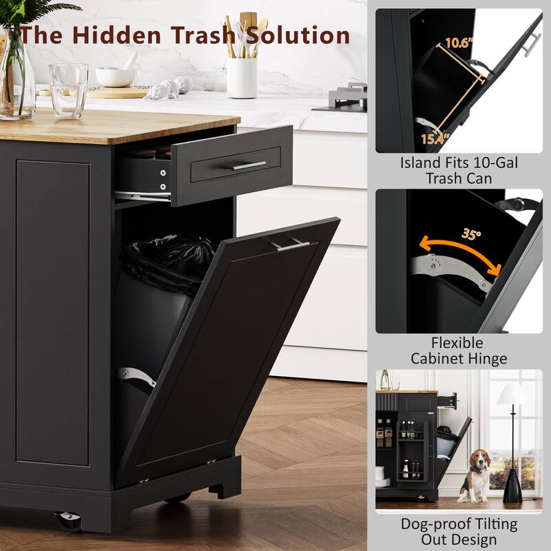 Fluted Kitchen Island with Trash Can Storage Cabinet, Power Outlet, Rolling Kitchen Islands on 5 Wheels with 3 Open Side Racks
