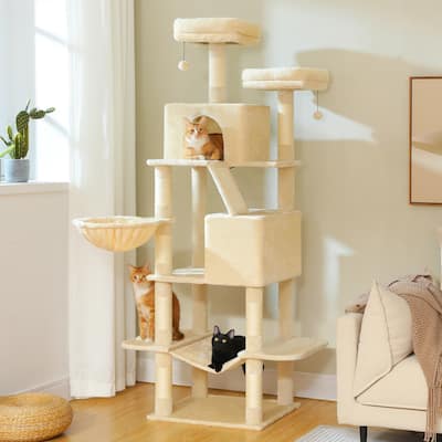 71" Large Cat Tree Tower with 8 Scratching Posts, 2 Perches, 2 Caves, Basket, Hammock & Pompoms