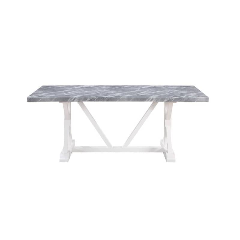 Joyce 78 Inch Dining Table, Modern Faux Stone Top, White Finished Wood Base