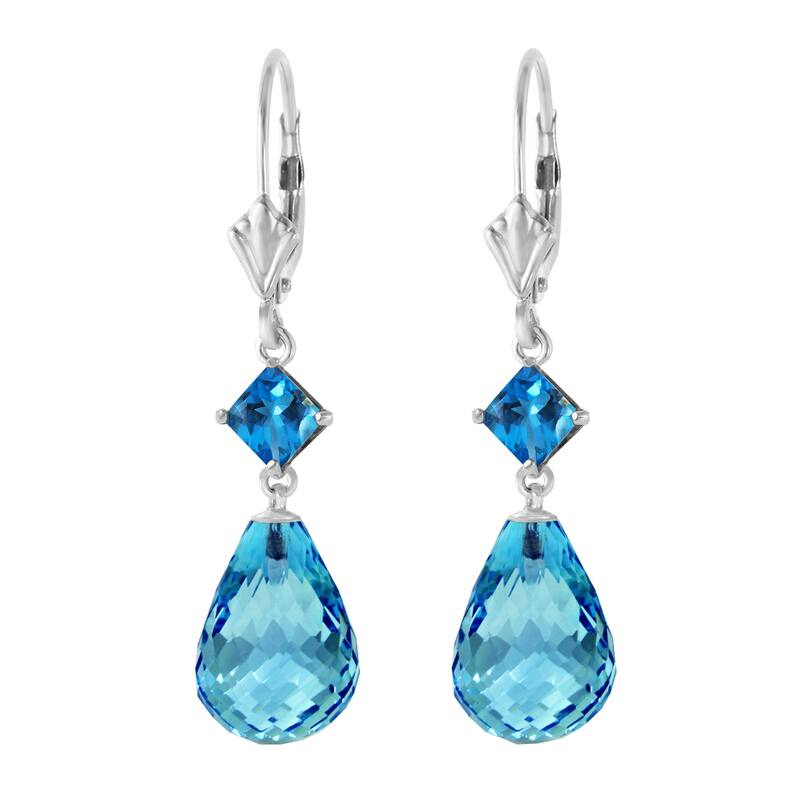 14K Solid Gold Leverback Gemstone Earrings Blue Topaz Jewelry Genuine
