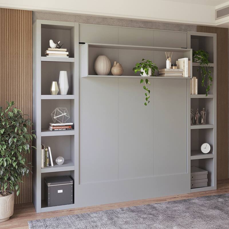 Easy-Lift Queen Murphy Wall Bed in with Two Bookshelves - Gray
