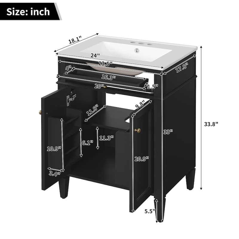 24" Bathroom Vanity With 2 Doors And Tip-Out Drawer, Bathroom Storage Cabinet With Sink, Soft-Closing Doors With Organizers