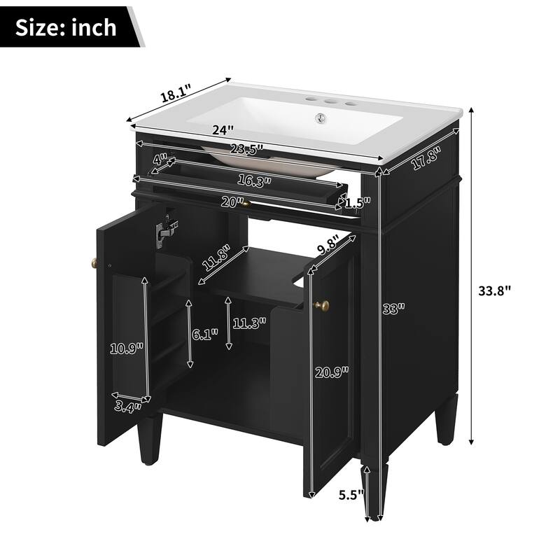 24" Bathroom Vanity with 2 Doors and Tip-Out Drawer, Bathroom Storage Cabinet with Sink, Soft-Closing Doors with Organizers