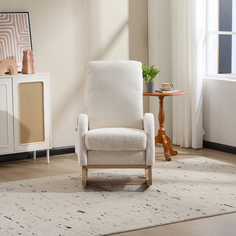 Modern Accent Rocking Chair Rocking Chair with Solid Wood Legs, Upholstered Nursery Glider Rocker Side Pocket and Footrest