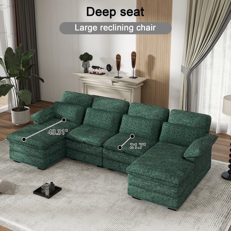 U-Shaped 111.8" Cloud Combo Sofa 4-Seater Chenille Fabric Sofa with Arms